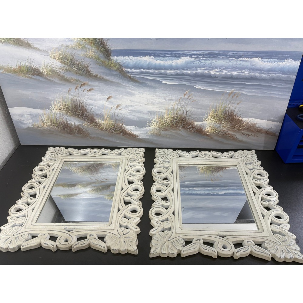 Set of 2 Distressed White Ornate Scroll Wall Mirrors Coastal Shabby Chic 12x15